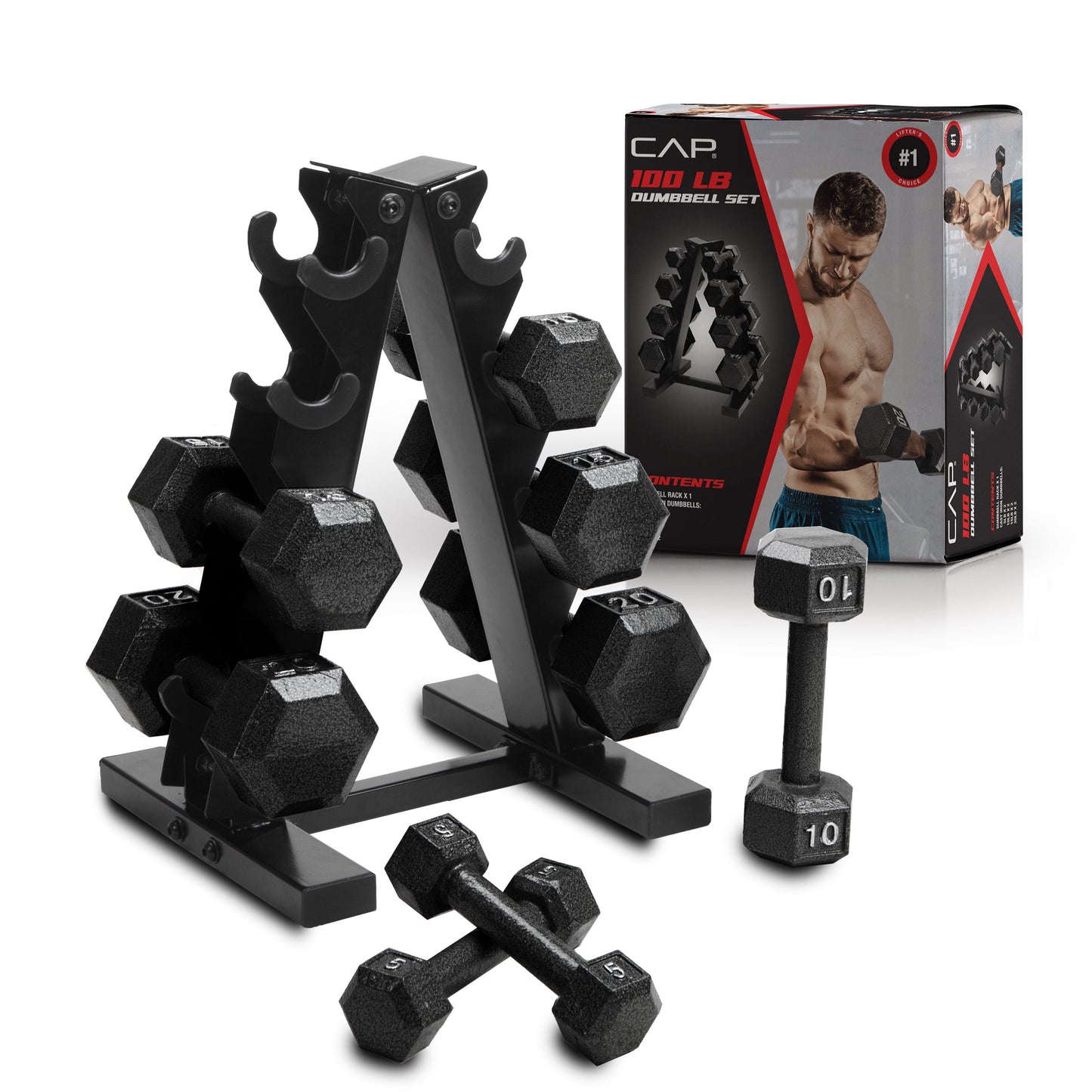 Barbell 100 Lb Cast Iron Hex Dumbbell Weight Set with Rack