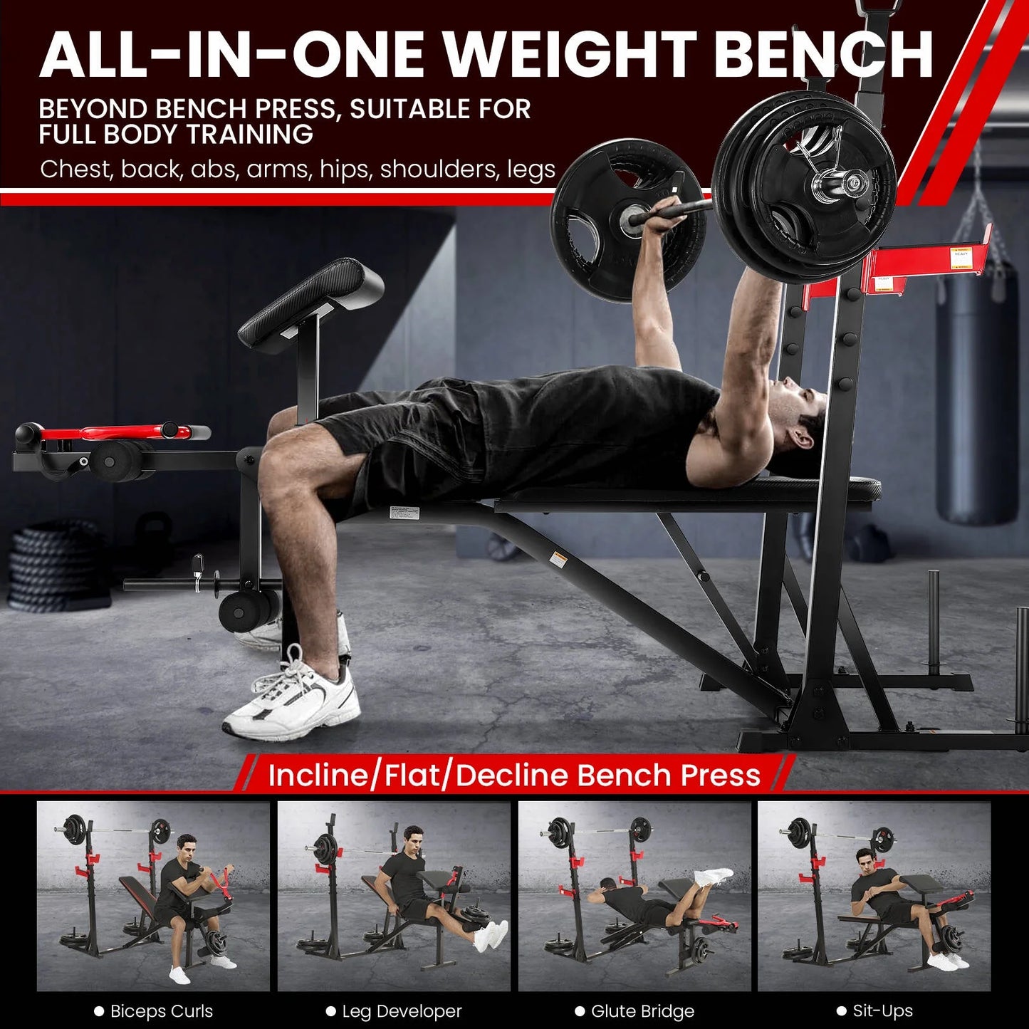 900LBS Olympic Weight Bench Set with Squat Rack, Preacher Curl, Leg Extension