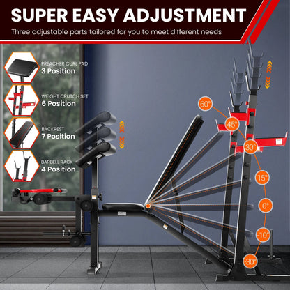 900LBS Olympic Weight Bench Set with Squat Rack, Preacher Curl, Leg Extension