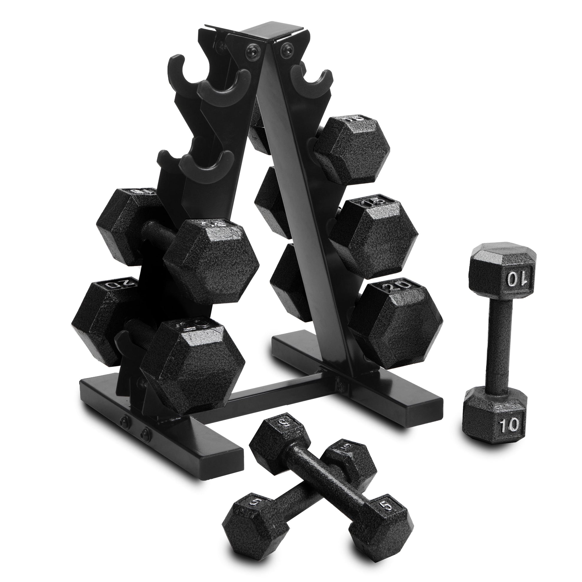 Barbell 100 Lb Cast Iron Hex Dumbbell Weight Set with Rack